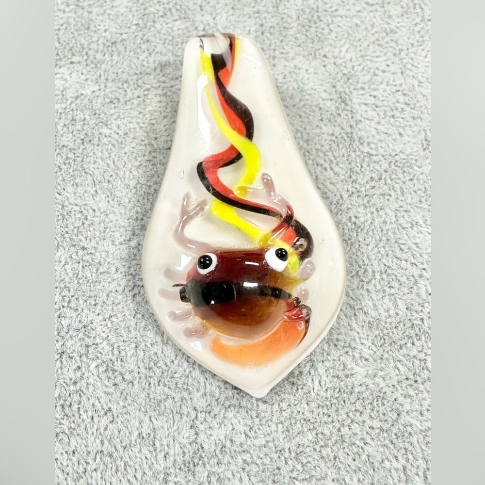 Tear Drop White Art Glass Crab with Red Black And Red Swirl Pendant